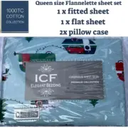 Queen Luxury 100% Cotton Flannelette Fitted Flat Bed Sheet Flannel-Trees/Caravan