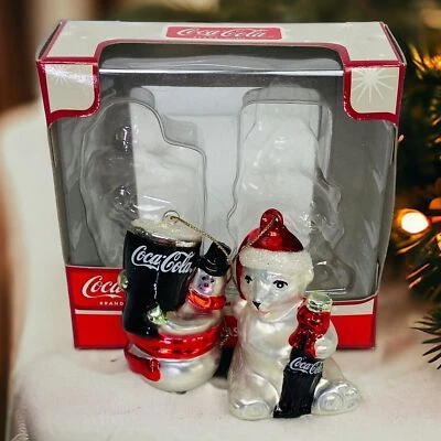 Coca Cola Mini Blown Glass Collection Polar Bear Snowman Holding Soda Ornaments