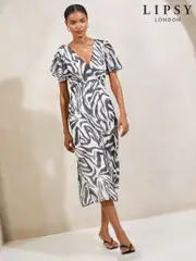 Lipsy Zebra Printed Chiffon Flutter Sleeve Woven Midi Dress (W24252) | $120
