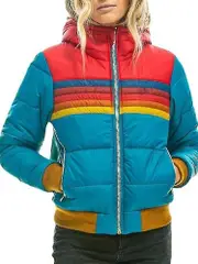 Womens Rainbow Zip-up Winter Down Casual Striped Hooded Puffer Coat Blue M