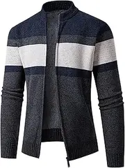 [Qolkmuiy-GJ] Men's Casual Striped Print Cardigan Stand Collar Fleece Knit Sweater Full Zip Quilted Lined Open Sweaters