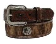 3D Western Mens Belt Leather Calf Hair Cross Concho Brown