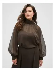 [Seed Heritage] Chiffon Mock Neck Blouse in Dark Espresso