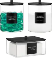 Laundry Pods Storage Jars Set with Bamboo Lid & Labels - 3 Pack (Black)