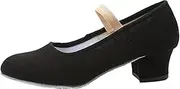 [HOBTEC] Black Canvas Character Shoes Cuban Heel Dance Shoes for Women Girl