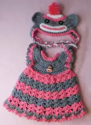 Doll Clothes Outfit, Crochet Dress, HtPk Sock Monkey Dress & Hat Fits 14.5" Doll