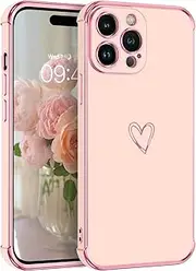 [GUAGUA] Case for iPhone 14 Pro Max Cute, iPhone 14 Pro Max Phone Case for Women Luxury Electroplate Edge Bumper Heart Plating Cover with Camera Protection Shockproof Protection Phone Cover 6.7" Pink