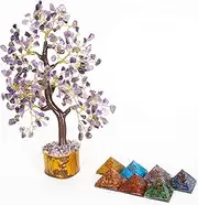 World of Crystals Amethyst Crystal Stone EMSAL Tree with Pyramid Combo Set Chakra Tree - Money Tree - Gem Tree - Purple Home Decor - Feng Shui Crystal - Chakra Crystals - Prosperity - Crystal Gifts