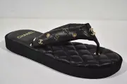 Chanel 23P Black Quilted Charms Padded Pool Thong Logo Mule Slide Flat Sandal 36