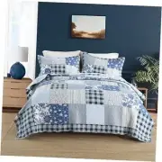 Cotton Bedspread Quilt Bedding Sets 3 Pieces King Rustic Blue White Patchwork