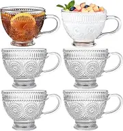[Blissora] Large Embossed Tea Cup, Valentines Ribbed Coffee Mug Sets Pack of 2/4/6 for Cereal Cappuccino Dessert, Crystal Friend Mum Gift (Clear, 6 Pack)
