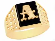 10k or 14k Yellow Gold Bold Black Onyx Mens Basket Weave Initial Letter A Ring