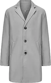 [Gsywaipei] Men's Lapel Long Trench Overcoat Wool Blend Male Single Breasted Pea Coat Slim Fit Mid-Length Classic Peacoat, Grey, Large