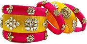 [GOELX] Silk Thread Bangles Designer Beautiiful Kundan Bangle Set - Rani Pink and Yellow