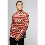 Mens Orange Navajo Print Brushed Long Sleeve Shirt