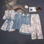 【巴黎精品】睡衣套裝五件套(仿真絲印花緞面女居家服3色A1AT20)