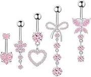 [BSJ4U] Belly Button Ring Dangle Navel Belly Piercing Jewelry Cute Pink CZ Heart Butterfly Bow Flower Navel Belly Rings for Women 14G Silver Stainless Steel Dainty Dangly Dangling Belly Button Piercing