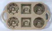 NORDIC WARE GEO BUNDLETTE GOLD 6 MINI BUNDT BAKING MOLDS DOUBLE HANDLED PAN NEW