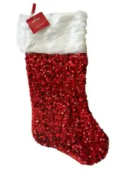 Christmas Stocking Sequin Red, Faux White Fur 19" At Home New