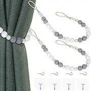 2 Pieces Wood Bead Curtain Tieback Boho Curtain Tiebacks Curtain Holdbacks for Wall Curtain Ties Window Treatment Curtain Tie Backs with Hooks for Nursery Decor Boho Decor(White, Grey, Wood Color, 2)
