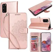 [Cavor] Wallet Case for Samsung Galaxy S20 5G 6.2'' PU Leather Case Magnetic 3D Embossed Flower Women Flip Kickstand with Card Holder Wristlet Hand Strap Protective Cover -Flower Rose Gold