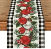 Christmas Table Runner, 13 x 60 Inch White and Black Buffalo Plaid Xmas Ball