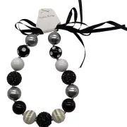 Chunky Beaded Girls Necklace With Ribbon Tie Closure In Black White & Silver