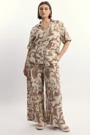Beige Abstract Linen Blend Wide Leg Pants 16