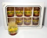 NOS Vintage Set Of 8 Libbey "April" Amber Rocks Glasses Tulip Design Orig Box