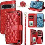Wallet Case for Google Pixel 8 Pro 5G with Wrist Strap,Crossbody Shoulder Strap,Luxury PU Leather Stand Cell Phone Cover with 9 Card Slots Zipper Purse for Pixel8Pro Pixel8 XL Eight 8Pro Red