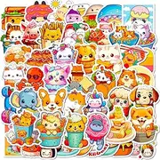50 Packs Cute Animal Food Stickers Water Bottles Laptop Phone Motorcycle Computer Guitar Skateboard Hydroflasks Lovely Animal Food Vinyl Sticker Waterproof Aesthetic Trendy Decals for Teens Girls
