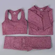 Yoga Set Women Seamless Yoga Set Fitness Clothing Sports Suits Gym Long Sleeve High Waist Running Leggings Workout Pants Shirts ​,Wine 3pcs Set,M
