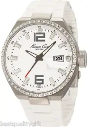 KENNETH COLE WHITE SILICONE WRAPPED ACRYLIC BAND+SILVER CRYSTAL WATCH KC4811+BOX