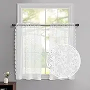FINECITY Lace Curtains 36 Inch Length - Country Rose Floral Patterned White Lace Kitchen Curtains, Scalloped Macrame Sheer Short Lace Tier Curtains for Small Windows, 25 x 36 Inch, 2 Panels, Off White