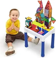 PicassoTiles 316pcs Magnetic Brick Tile and Building Brick Block Activity Play Building Table Set, Magnetic Action Figures Included, Magnetic Tiles Storage, Water and Sand Table, STEM Toys