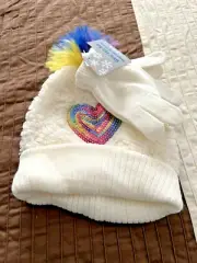 Girls Winter Beanie Soft White Hat and Gloves Set with Pom Pom & Colorful Heart
