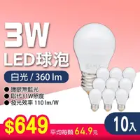 在飛比找momo購物網優惠-【朝日光電】LED E27 3W球泡-10入(LED燈泡)