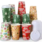 100 Pcs Christmas Disposable Coffee Cups with Lids 16 Oz Holiday Disposable P...