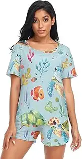 [RPLIFE] Cute Cartoon Sea Turtles Womens Shorts Pajama Set, Matching Sets Women Loungewear, Cute Cartoon Sea Turtles, Large
