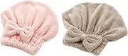 VINTORKY 2pcs Coral Fleece Hair Drying Caps Fast Absorption Shower Turban with Bowknot Design Pink & Coffee Super Absorbent Water Drying Cap for Quick Hair Drying