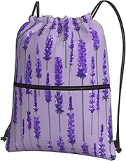 EdWal Lavender Stamp Print Drawstring Backpack Gym Bags Sports Bags With Zipper Pocket For Travel Beach, Black, One Size