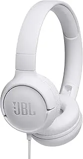 JBL Tune 500, JBL Pure Bass Sound, 1-Button Remote/mic, Lightweight and Foldable Design, Tangle-Free Flat Cable, Ask Siri or Google Now, White