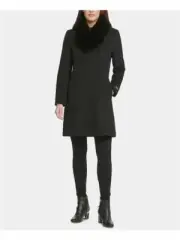 DKNY Womens Faux Fur Zippered Button Down Wool Blend Jacket Coat, BLACK, PXS