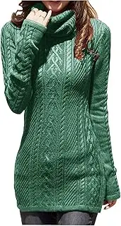 [v28] Women Polo Neck Long Slim Fitted Dress Bodycon Turtleneck Cable Knit Sweater, Green, Large