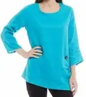 NWT Ali Miles $69 RICH TEAL Blue LINEN Tunic Top S ASYMMETRIC HEM Black Button