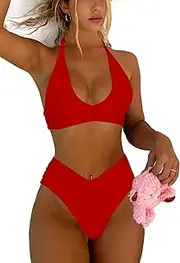 [Syshrendy] Women's Sexy High Leg Triangle Halter Bikini Set Padded Cup Bikini Cheeky Swimsuit V Cut Thong Bathing Suit