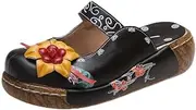 [Hhhchpm] Women's Tribal Flower Platform Mules - Closed Toe Wedge Slides Sandals