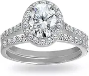 [Hoops & Loops] Sterling Silver Cubic Zirconia Oval-cut Halo Bridal Wedding Band Engagement Ring Set