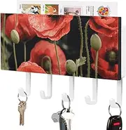 LMHLDSC Key Holder for Wall Key Hooks with 5 Hooks Red Poppy Flowers Leaves Self Adhesive Key Rack for Living Room Kitchen Office