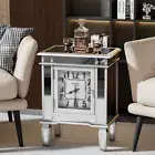 Mirrored Nightstand with Clock Display & 1 Door Cabinet, Modern End Side Table